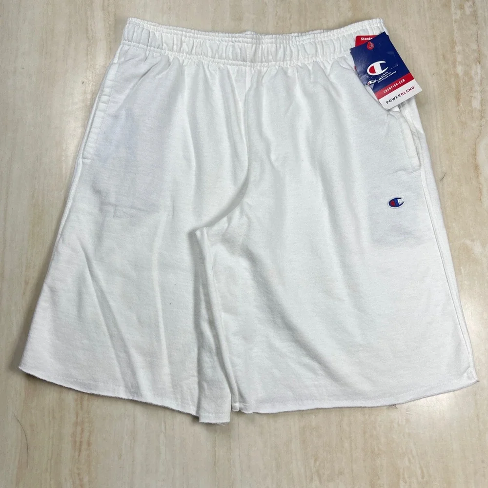 Champion Powerblend Mens White Fleece Shorts Logo 84738 045 Size L NWT